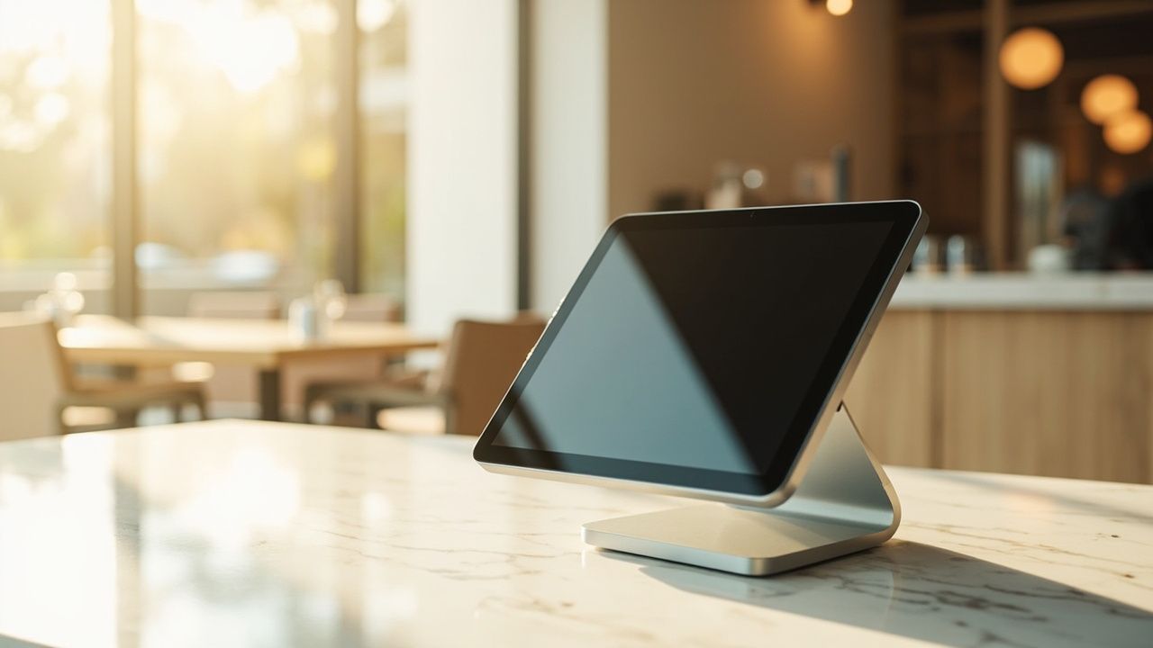 A VIND point-of-sale terminal on a Maltese café counter with a printed receipt beside it.