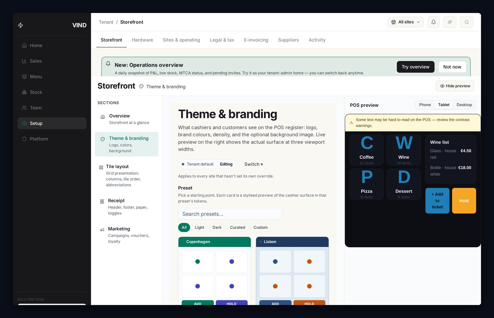 VIND backoffice — theme designer with the live POS preview pane on the right, showing the tile grid and product cards in the chosen brand colours