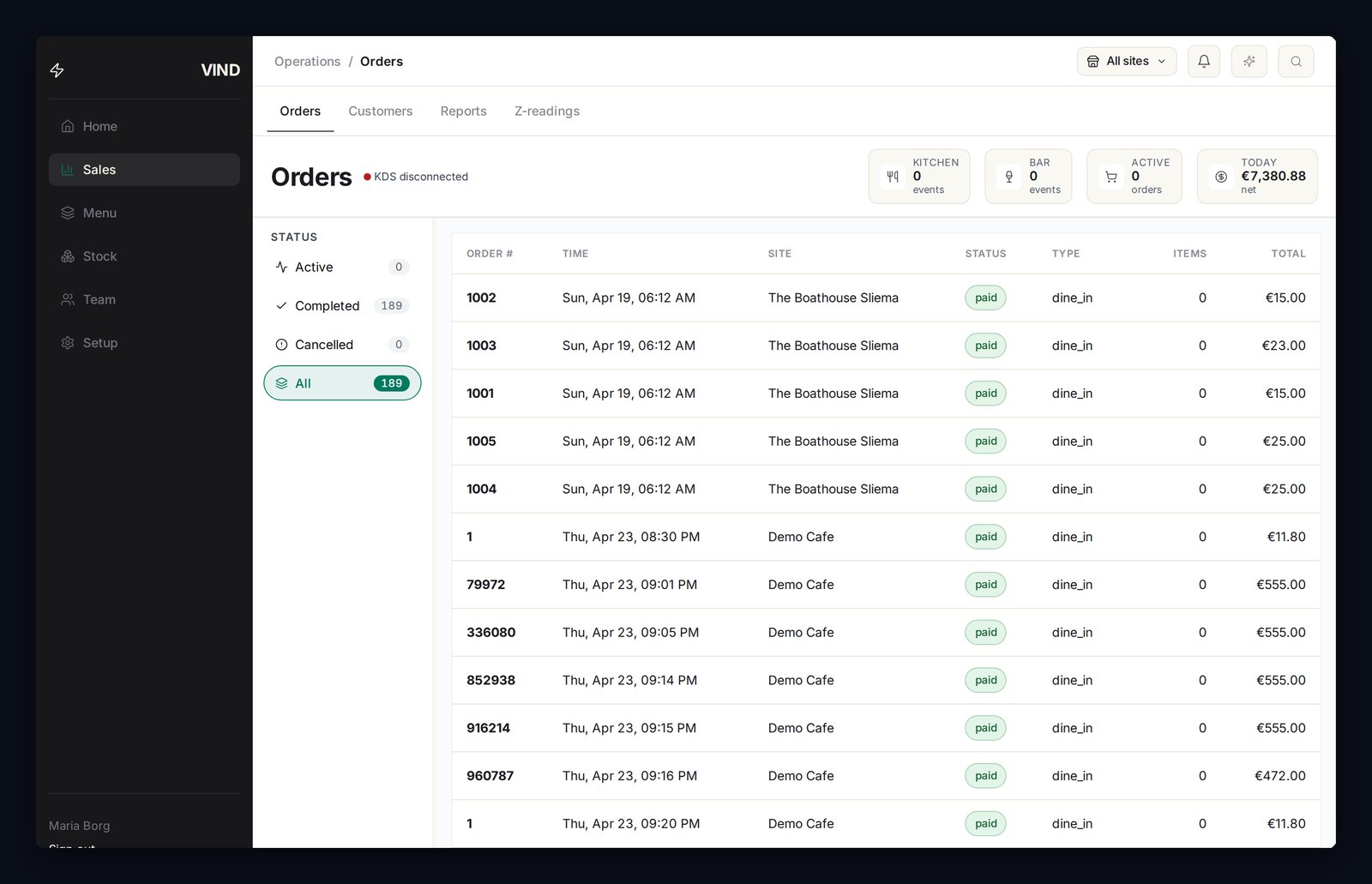 VIND Orders + KDS dashboard with status filters, KPI tiles (Kitchen, Bar, Active, Today's net), and the full order ledger